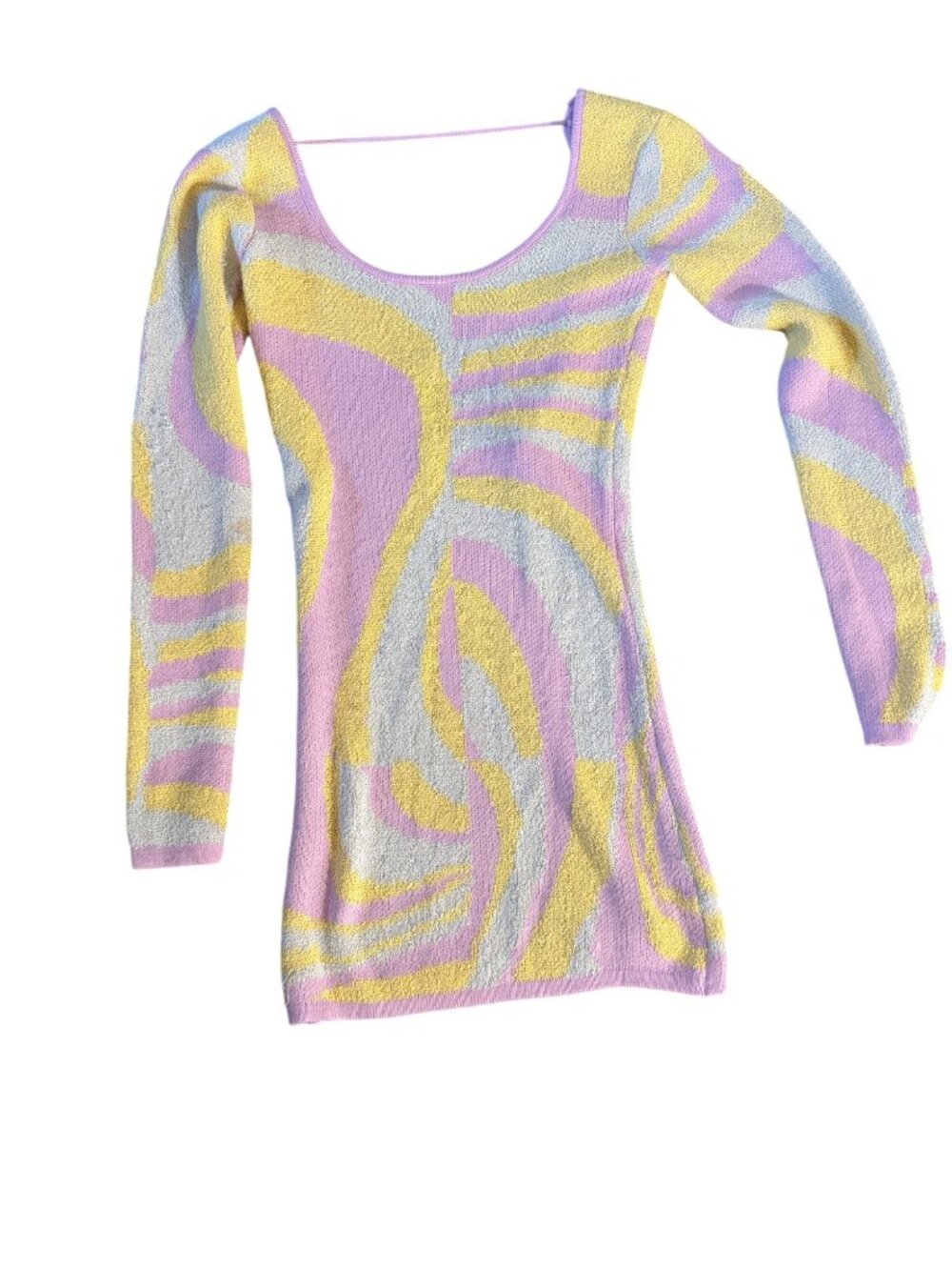 Super down Abstract Pastel Knit Mini Dress With Long Sleeves & Scoop Neckline - - Picture 2 of 10